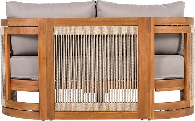 Acacia Wood Outdoor Furniture Set, 4-Piece Patio Seating Group with 2 Chairs, Loveseat & Coffee Table, Curved Tub Design with Woven Rope Accents, Water-Resistant Cushions (Grey,Teak//51)