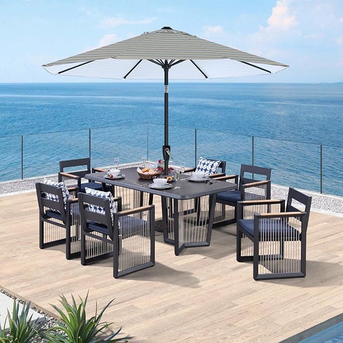 ABCCANOPY 10FT Patio Umbrella, Outdoor Waterproof Table Umbrella with Push Button Tilt and Crank, 8 Ribs UV Protection Pool Umbrella for Garden, Lawn, Deck & Backyard(Khaki Gray Stripes)