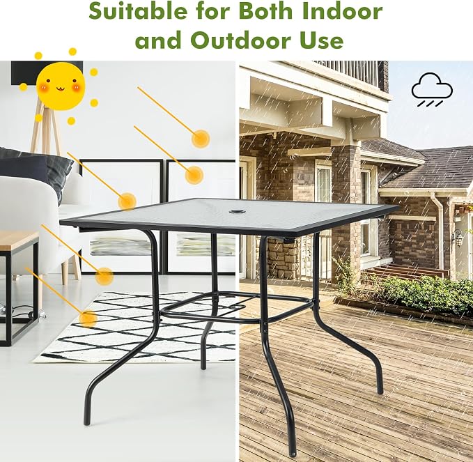 Tangkula 35 Inch Patio Dining Table with Tempered Glass Top, Square 4-Person Outdoor Bistro Table with 1.5" Umbrella Hole & Sturdy Metal Frame, Patio Dining Table for Backyard, Lawn, Deck & Poolside