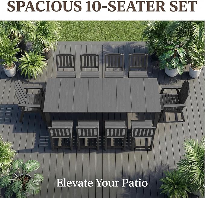 11-Piece Patio Dining Set, Outdoor Dining Set for 10, HDPE All-Weather Outdoor Furniture with 89.57” Umbrella Hole Table, 2 Armchairs & 8 Armless Chairs, Gray