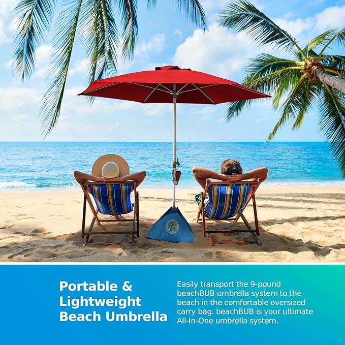 BEACHBUB ALL-IN-ONE BEACH UMBRELLA SYSTEM. Includes ULTRA Base (compliant with the ASTM F3681-24 Beach Umbrella Safety Standard). (Bold Breaker Red)