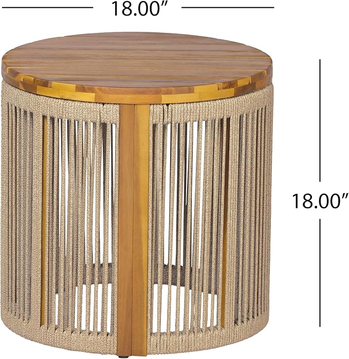 Teak Finish Acacia Wood Round Side Table with Multi Brown Color Rope, 25 lbs Weight Capacity, Weather-Resistant Accent Table for Patio Backyard Living Room