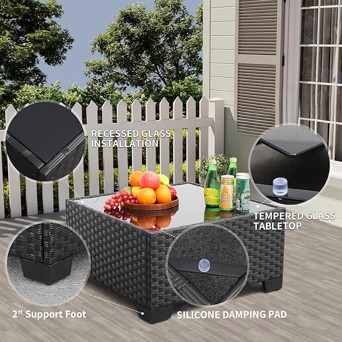 10 Pieces Outdoor Sectional All-Weather Wicker Patio Furniture Set Patio Sectional and Steel Fire Table and Glass Patio Table Non-Slip Cushions and Waterproof Covers, Khaki