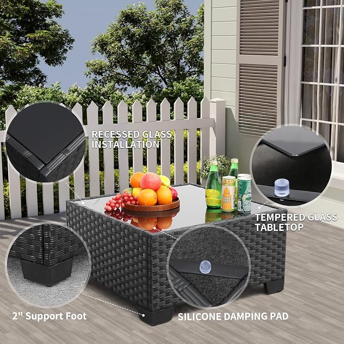Rattaner 7 Pieces Black Wicker Patio Furniture Conversation Set Outdoor Sectional Sofa Glass Coffee Table with Non-Slip Cushions and Furniture Cover, Khaki