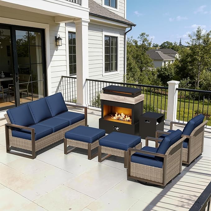 6 Pieces Metal Wicker Patio Furniture Set - 75" Sofa, Two Swivel Chairs and Two Ottomans, One Fireplace All Weather Rattan Outdoor Conversation Furniture with Washable Cushion for Deck, Dark Blue