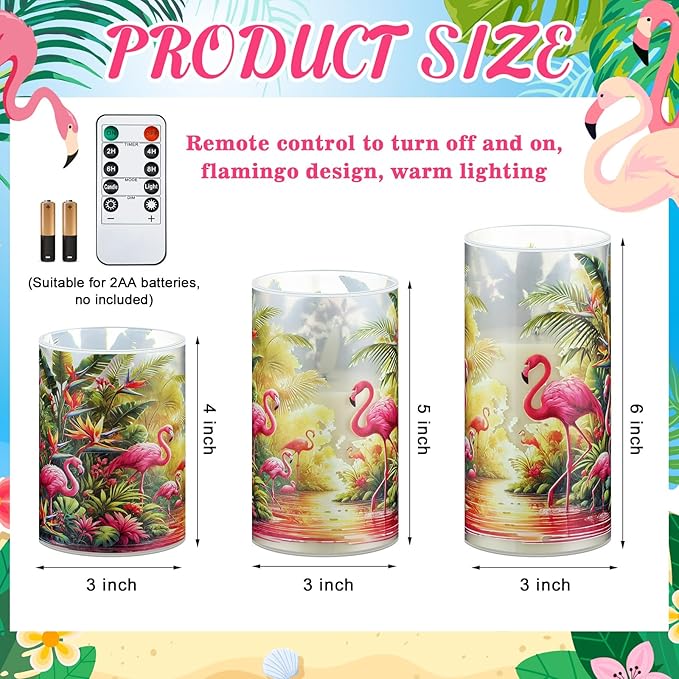 Tujoe 3 Pcs Summer Flamingo Flameless Candles LED Battery Pillar Candles Set Battery Operated Flickering Gifts with Remote Summer Decor for Holiday Decoration