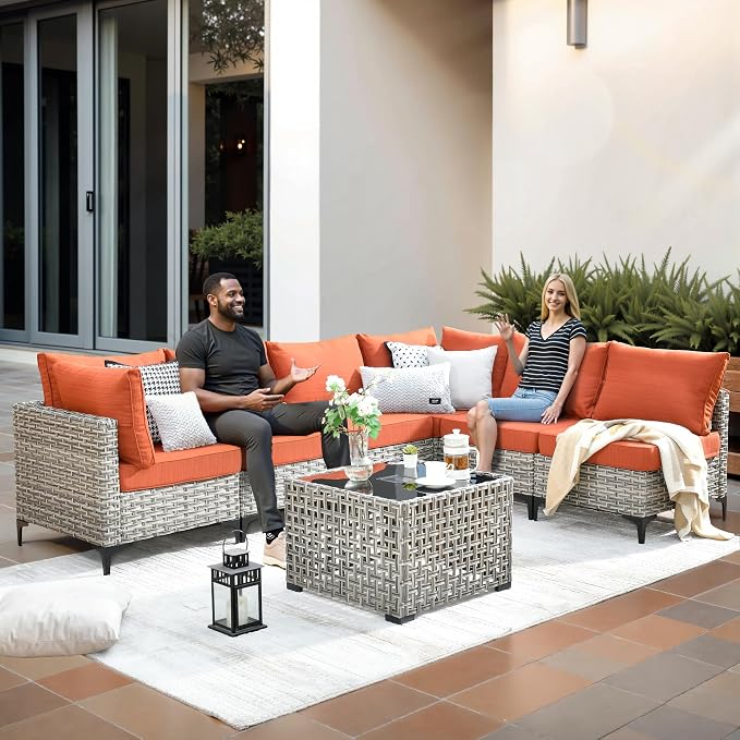 CAODOC Outdoor Sectional Patio Furniture Set,10 Pieces Wicker Conversation Sets L Shaped Couch,Out Door Sofa Outside Furniture with Swivel Chairs,Red-Striped