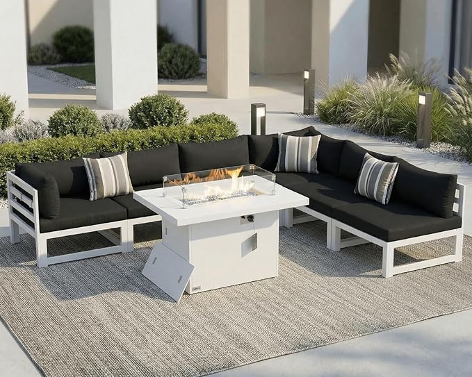 NICESOUL 7 Piece Luxury Aluminum Outdoor Sectional Sofa with Fire Pit Table, Oversized L Shaped Patio Furniture Set, 29" Deep Wide Seating, 500 lbs Heavy Duty Conversation Set for Backyard Deck, Black