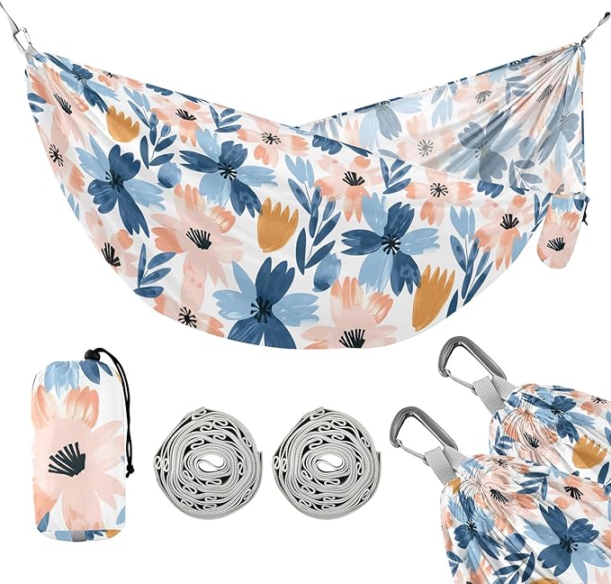 Camping Hammock Outdoor Hammocks for Outside Abstract Flowers Pink Blue Beach Trees Portable Lightweight with Pockets Tree Straps Indoor Small