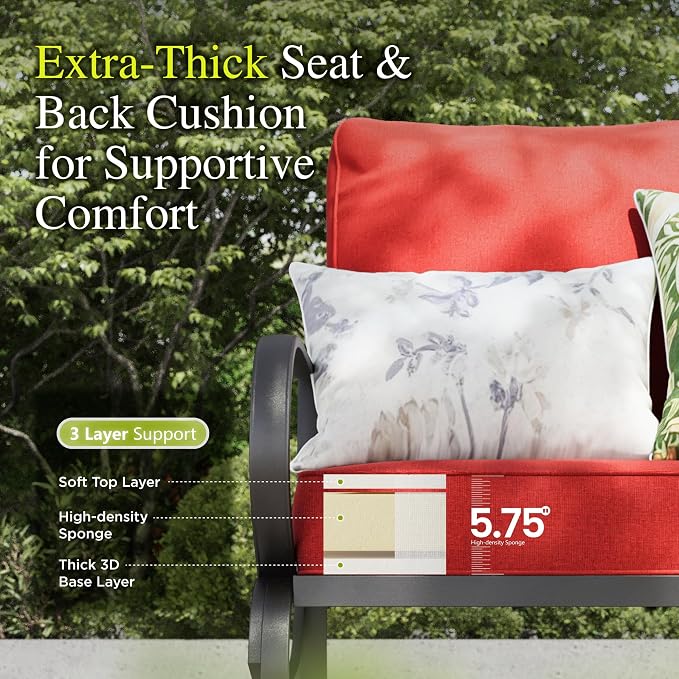 Sophia & William Patio Furniture Sets 5 Seats Outdoor Metal Conversation Sets 5 Pcs with 2 x Cushioned Swivel Sofa Chairs,1 x 3-Seat Sofa,2 x Ottomans for Coffee Lawn Backyard Poolside Red