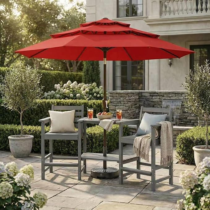 Kingdura 10ft 3-Tier Patio Umbrella, Outdoor Table Umbrella with Easy Crank & Tilt, 8 Reinforced Ribs, UV Protection for Deck, Pool, Market, Backyard (Red)