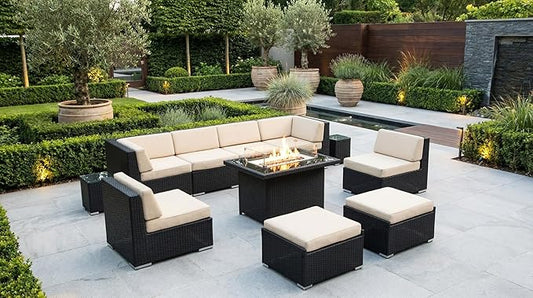Fully Assembled Ohana 11 Piece Aluminum Wicker Patio Furniture Beige Cushion Oversize Conversation Set with 42-inch Propane Gas Fire Table