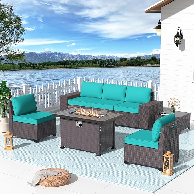 Patio Furniture Set 7 Pieces Outdoor Furniture Patio Conversation Set w/43in Gas Fire Pit,PE Rattan Wicker 7 Pcs Outdoor Sofa Set w/55000 BTU Propane Fire Pit Table,Blue