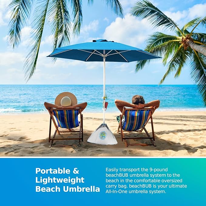 BEACHBUB ALL-IN-ONE BEACH UMBRELLA SYSTEM. Includes ULTRA Base (compliant with the ASTM F3681-24 Beach Umbrella Safety Standard). (Caribbean Blue)