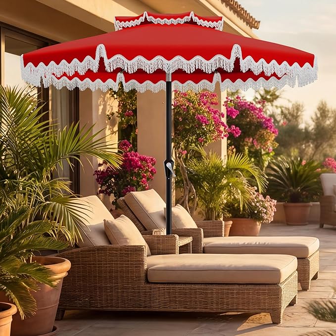 AreShark 9FT Patio Umbrella with Fringe, Wind-Resistant Fiberglass 8 Ribs Tassel Outdoor Umbrella with Crank and Push Button Tilt, Double Tier Vent Sun Shade for Pool, Deck, Backyard, Red