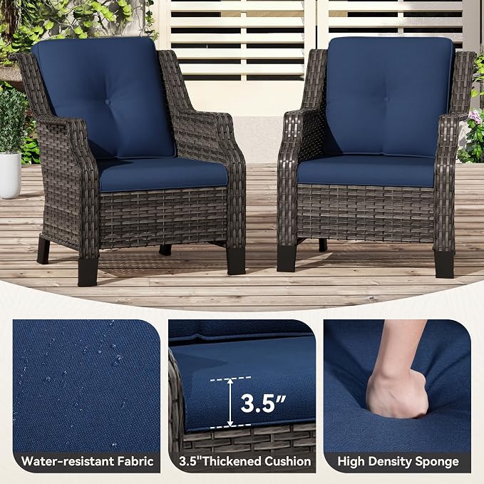 6 Pieces Patio Furniture Set, Outdoor Furniture Set with 2 Patio Chairs, 2 Ottoman, 1 Outdoor Wicker Sofa, 1 Metal Table, Ideal for Backyard, Garden, Poolside, Blue