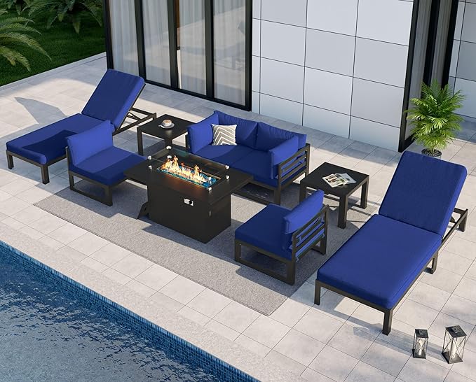 NICESOUL 9 Piece Large Modern Aluminum Patio Furniture Set, UV Resistant Modular Outdoor Conversation Set with Lounge Chair & Fire Pit Table, 500 lbs Durable Modular Sectional Sofa for Deck, Navy Blue