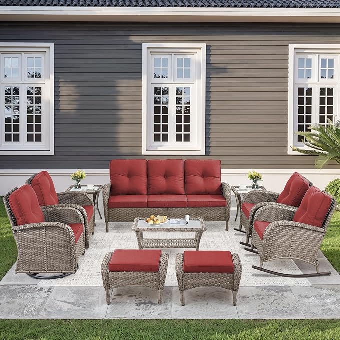 10-Piece Patio Furniture Set-Patio Rocking Chairs Set of 4 Outdoor Rattan Sofa Sets with Coffee Table Outdoor Patio Furniture Sets for Deck Porch Garden Balcony Poolside-Grey/Red