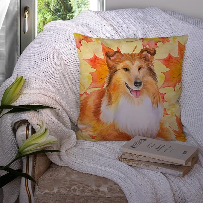 Caroline's Treasures BB9981PW1414 Sheltie Fall Fabric Decorative Pillow, Yellow Machine Washable, Indoor Outdoor Decorative Pillow for Couch, Bed or Patio, 14Hx14W