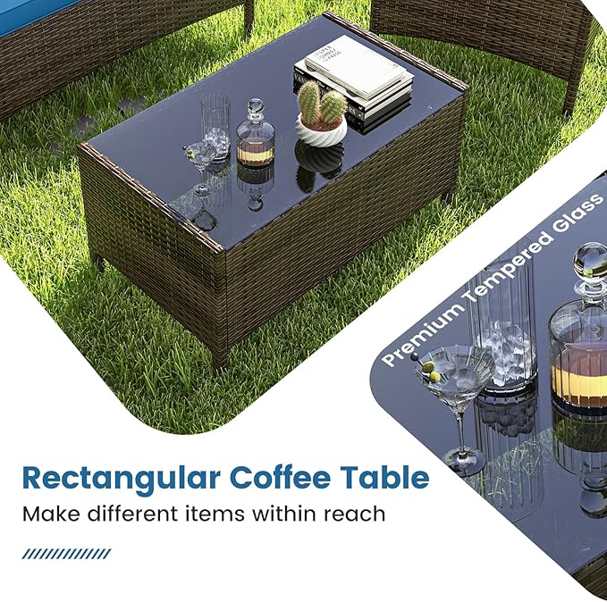 RELAX4LIFE 4-Piece Patio Furniture Set - Rattan Outdoor Conversation Bistro Set w/Cushions, Glass Coffee Table, Wicker Chairs & Loveseat for Garden Backyard Porch, Balcony Furniture Set (1, Peacock)