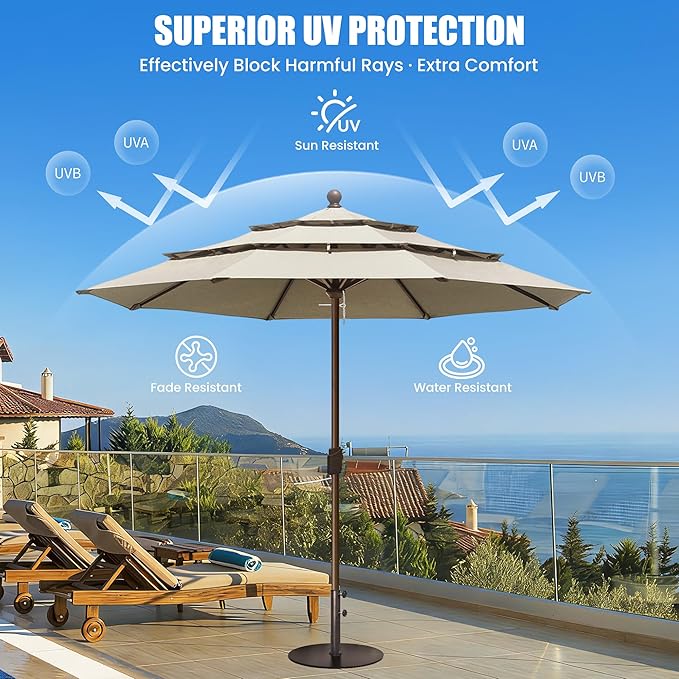 EliteShade USA 10-Year-Non-Fading 11ft 3-Tier Market Patio Umbrella, Commercial Grade Outdoor Table Umbrella with Crank Open, Windproof & UPF 50+ UV Protection, Heavy Duty Ventilation for Garden, Deck, Pool, Backyard, Beach & Bistro, No Tilt, Antique B...