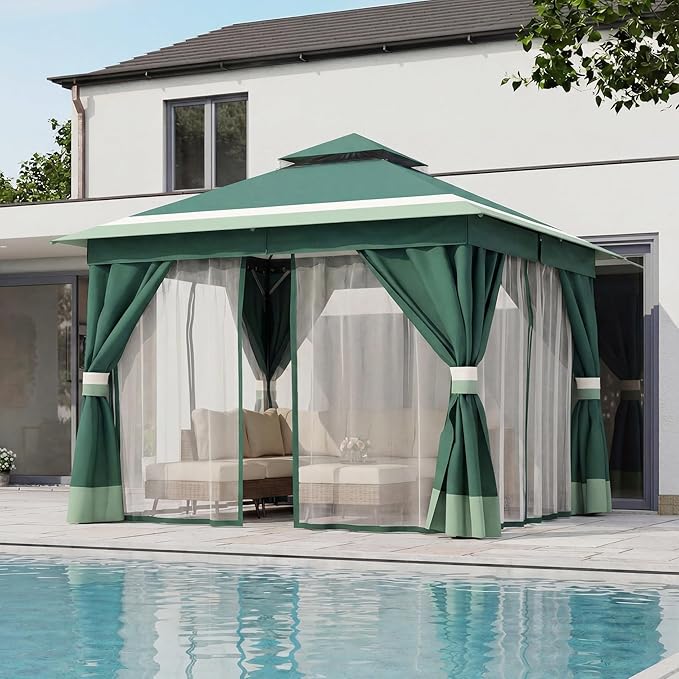 LAUSAINT HOME 10'x10' Outdoor Gazebo, Metal Frame Heavy Duty Patio Canopy Tent Shelter with Double Roofs, Mosquito Nettings and Privacy Screens for Backyard, Garden, Lawn, Forest Green