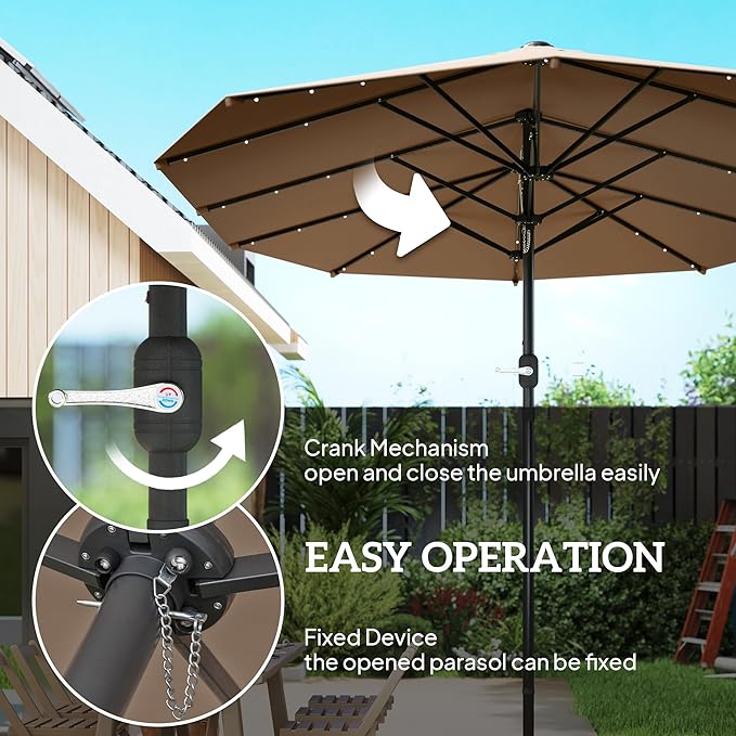 Outsunny 14.4ft Large Patio Umbrella with 36 Solar LED Lights, Double Sided Outdoor Umbrella with Base Included