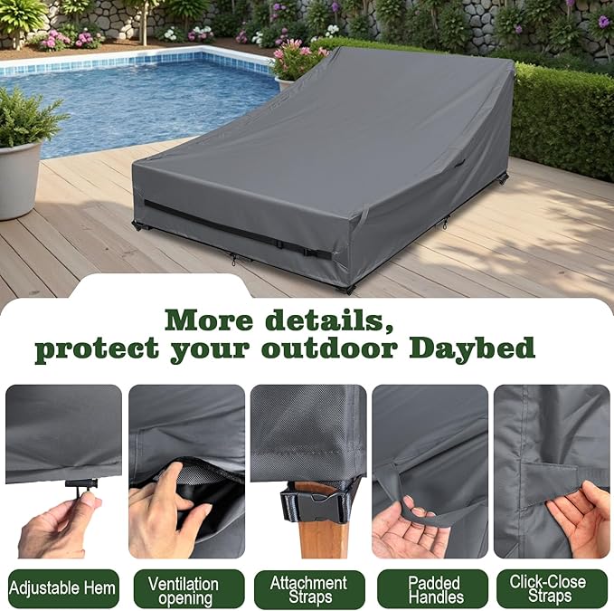 Outdoor Rattan Daybed Cover Heavy Duty 600D Weather-Resistant Waterproof Patio Furniture Sofa Cover 63"L x 54"W x 28"H UV Resistant Anti-Fade Material,Patio Rattan Daybed Sofas Protection Covers,Grey