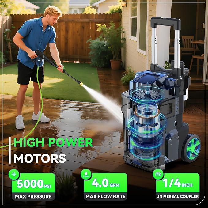Electric Pressure Washer, 5000 PSI 4.0 GPM Heavy Duty Power Washer, with 4 Nozzles,Foam Cannon,33FT Hose Reel and 500ml Soap Bottle for Home/Cars(Grass)