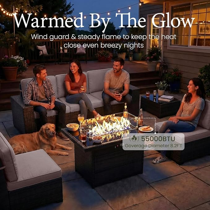 LayinSun 13 Pieces Outdoor Patio Furniture Set with 44" Fire Pit Table Brown Rattan Sectional Sofa Conversation Sets