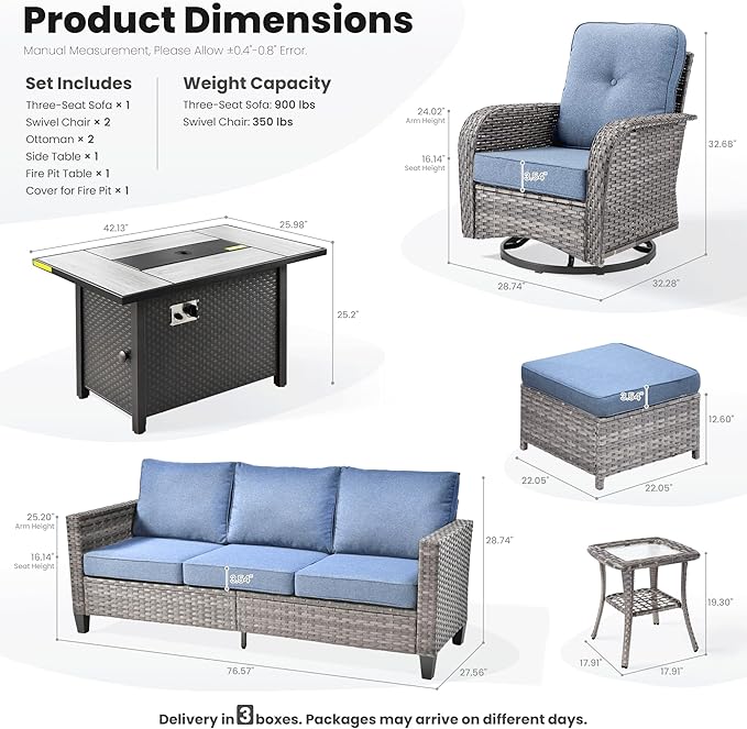 ovios 7 Pieces Patio Furniture Set, Outdoor Wicker Sofa Couch with Rocking Swivel Chairs Fire Pit Table, Modern Deep Seat Rattan Conversation Sets for Deck Porch, Denim Blue