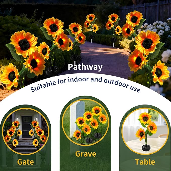 Solar Garden Lights Outdoor - Sunflower Solar Flowers Lights Outdoor Decorative Waterproof, 40 Hours Yard Pathway Light Solar Powered for Grave, Cemetery Decoration, Backyard Decor, Gift for Mom, 4pcs