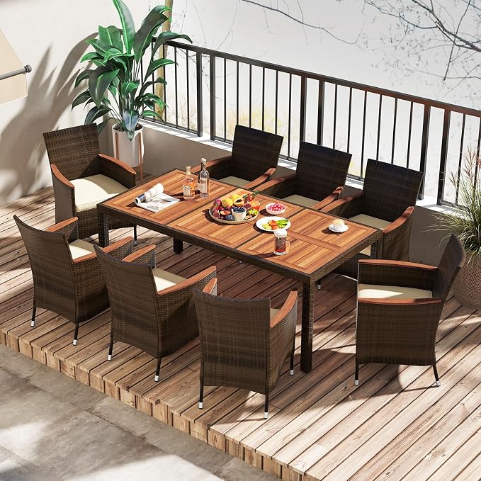 LDAILE Wicker Dining Sets Outdoor Patio, Dining Table Set for 8 Person, Table and Chairs Set with Acacia Wood & Water Resistant Cushions for Backyard Garden, Deuba Brown