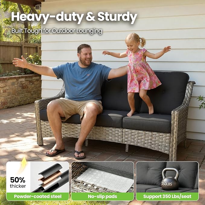 6 Piece Patio Furniture Set with Swivel Rocker Chairs, Outdoor Wicker High Back Sofa Glider Chair Ottoman with Cushion, All Weather Conversation Sets for Backyard Poolside Deck, Black