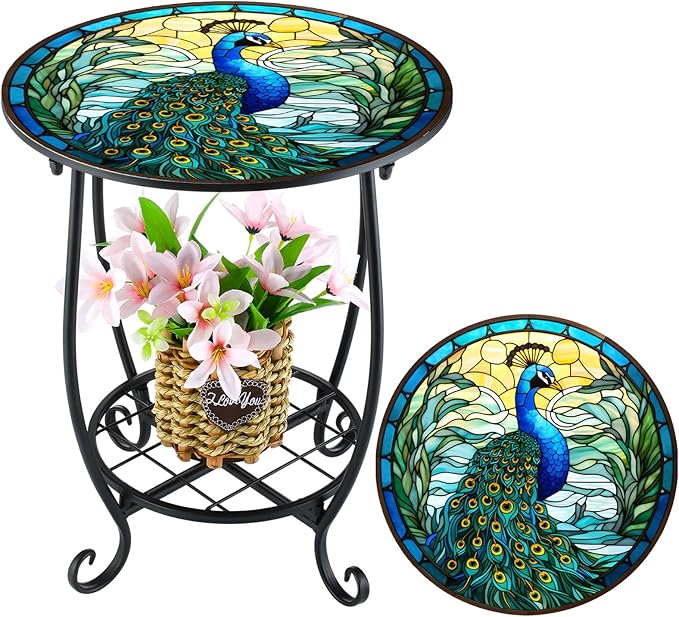 Cinnvoice Outdoor Side Table Round Small Mosaic Patio Accent Indoor End Plant Coffee Tea Table for Yard Patio Porch Garden Living Room, Bedroom(Peacock Style,16 Inch)