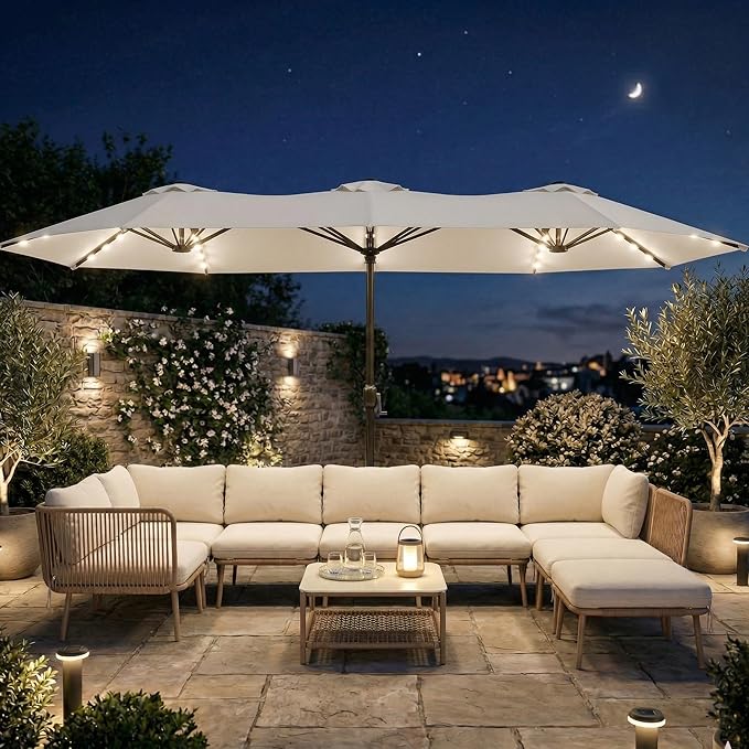 15FT Large Outdoor Patio Umbrella with Solar Lights and Base, Double-Sided Table Umbrellas with 48 LED Lights, Rectangle Market Umbrella for Pool, Deck, Backyard