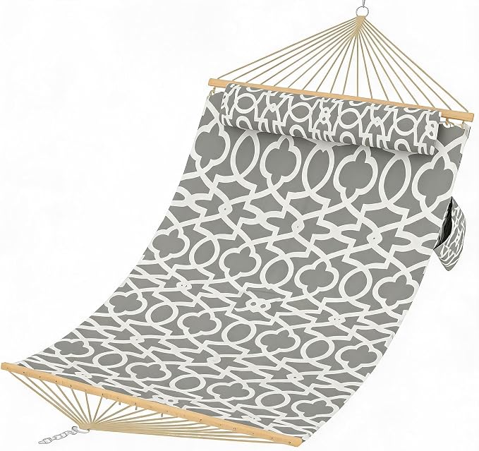 Double Quilted Hammock with Wooden Spreader Bar, 2 Person for Outdoor Without Stand, Patio Backyard Poolside, Light Gray Stripe