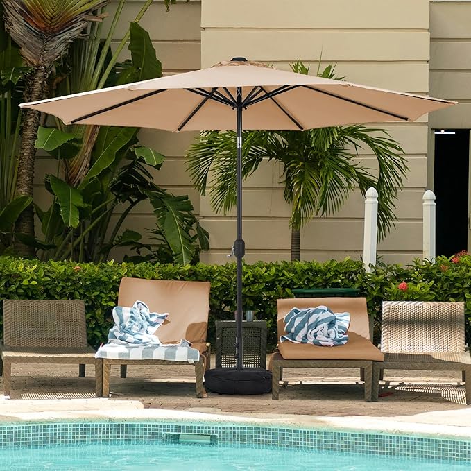 Sundale Outdoor 10 ft Patio Umbrella with Sand Bag Umbrella Base Included, Outdoor Umbrella with Tilt and Crank, Tan
