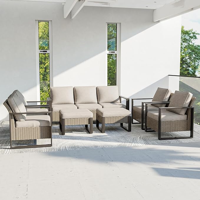 Outdoor Patio Furniture Set, 7 Piece Wicker Patio Conversation with Deep Seating, Thicken Cushions, Outdoor Club Chair, Metal Outdoor Furniture for Deck, Porch, Yard Use (Beige, 7 PCS/Chairs)