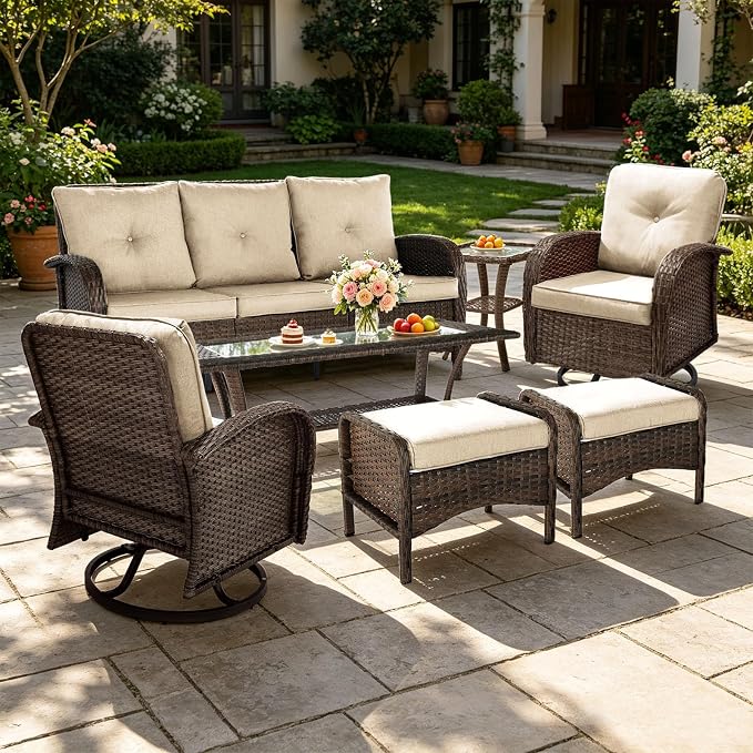 All Weather Patio Furniture Set, High Back Swivel Rocker Glider Chairs，Ottomans & Glass Tables, Outdoor Conversation Set for Deck Porch Yard Poolside (Brown, 7PCS-Sofa&Swivel Chairs&Ottomans&Tables)