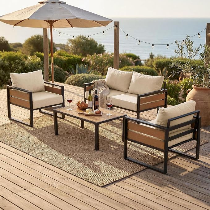 Furnimart Patio Furniture Set, 4-Piece Metal Outdoor Sectional, 4-Seat Patio Conversation Set with Deep Seating, Thick Cushions & Coffee Table for Backyard, Porch & Deck, Beige