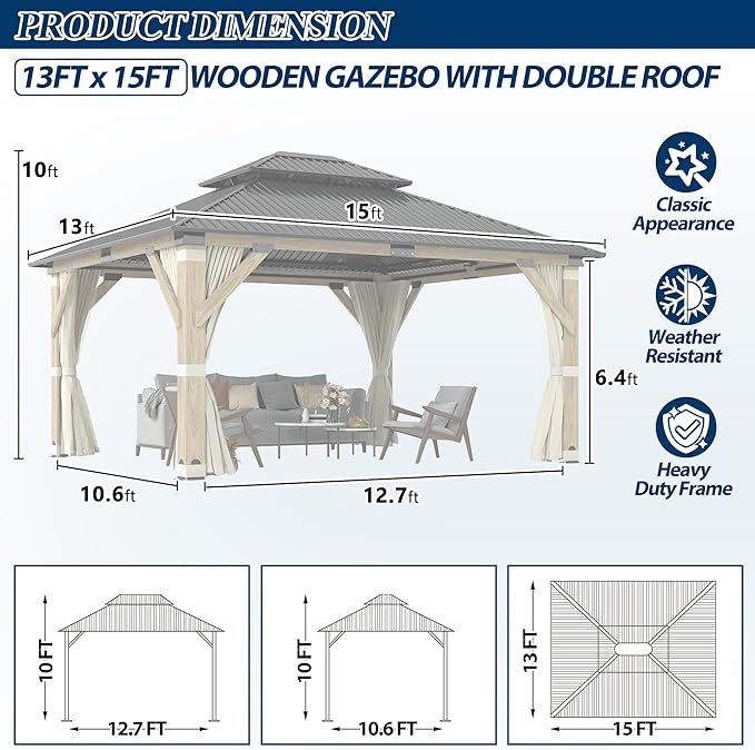COVERONICS 13FT x 15FT Outdoor Wooden Gazebo - Patio Wood Frame Gazebo with Galvanized Steel Hardtop, Heavy-Duty Hardtop Gazebos with Netting & Curtains for Garden, Poolside, Deck, Backyard