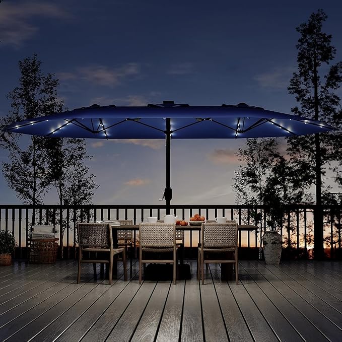 Garvee 15FT Rectangular Outdoor Umbrella Patio Umbrella with Solar Lights & Base Included Large Market Umbrellas with Crank Handle UV Protection Table Umbrellas for Outdoor, Backyard, Deck, Navy Blue