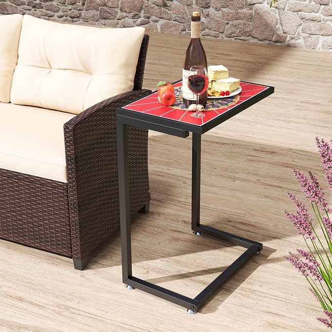 Tangkula C-Shaped Outdoor Side Table, w/Ceramic Top & Anti-Rust Metal Frame, Small Patio End Table for Couch, Sofa & Bed, Outdoor & Indoor Accent Furniture for Living Room, Poolside, Balcony (2, Red)