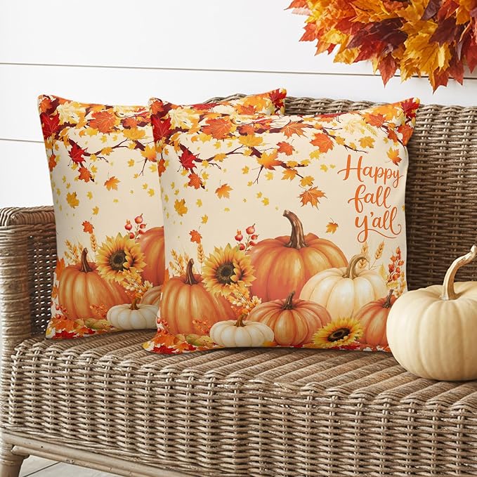 Orange Fall Waterproof Outdoor Pillow Covers 20''x20'' Set of 2, Maple Tree Branch Thanksgiving Pumpkin Patio Cushion Covers for Chairs,Decorative Countryside Leaves Pillow Cases for Garden/Pool/Beach