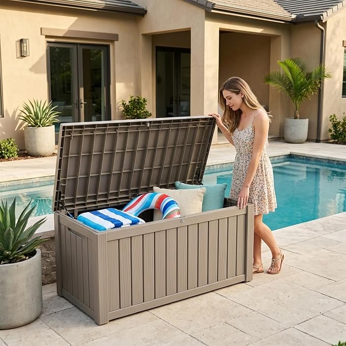Outdoor Storage Box, 150 Gallon Waterproof Deck Box [Upgraded 3.0], Piston-Assisted Resin Trunk for Sectional Sofa Cushions, High-Capacity Lockable Double Storage Bench, Patio Lounge, Grey
