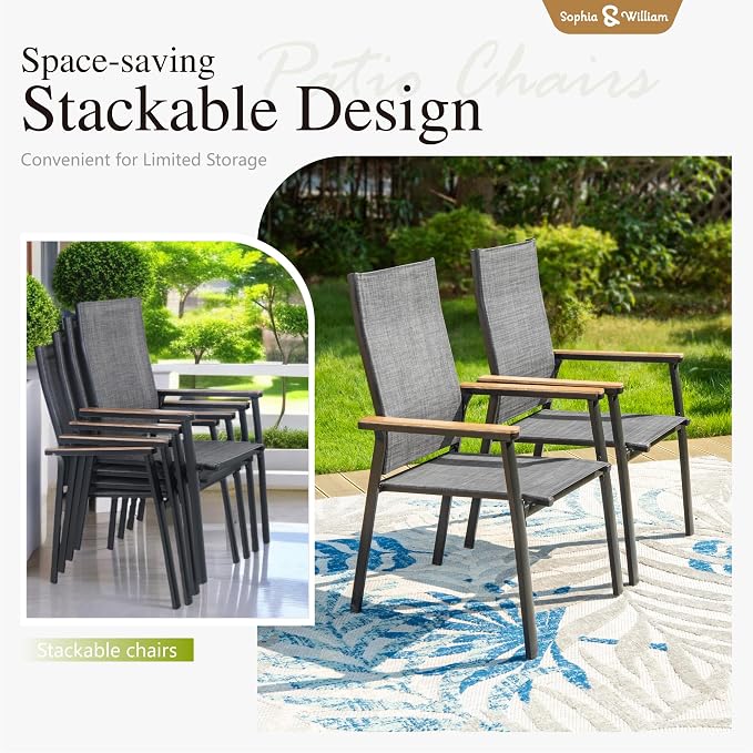Sophia & William Patio Dining Chairs Set of 2, Stackable Aluminuum Frame | Grey textilene, Weather-resistant, light-weight & space-saving, Breathable & quick-drying, Outdoor deck backyard porch