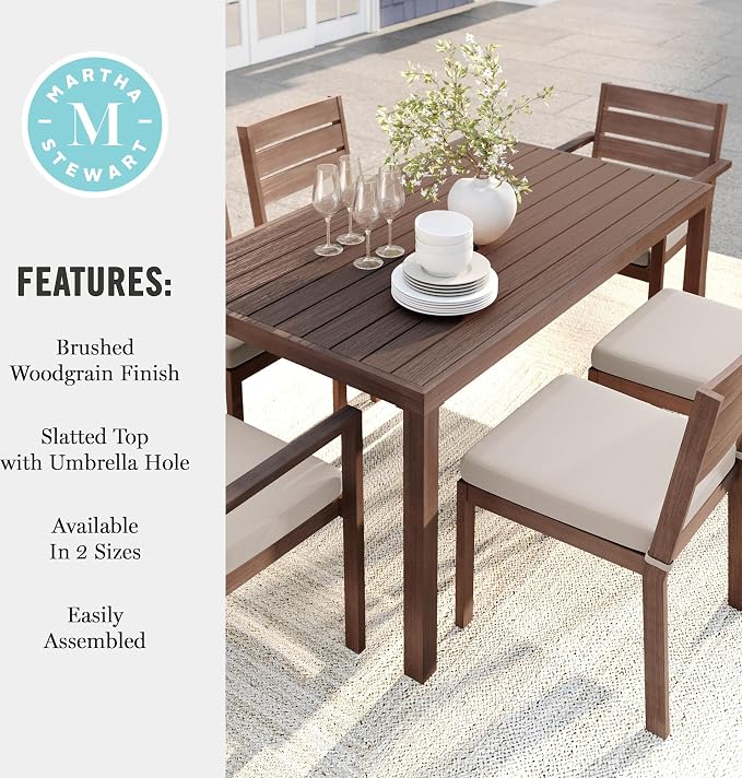 Martha Stewart Bedford 62" Indoor-Outdoor Aluminum Patio Table with Umbrella Hole and Brushed Woodgrain Finish in Gray
