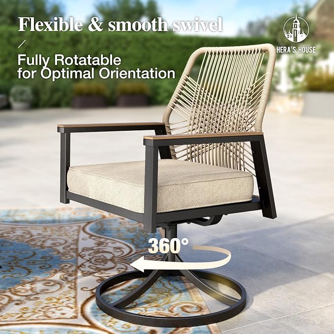 HERA'S HOUSE 9pc Patio Dining Set, 57.5" Metal Table & Swivel Rattan Chairs | Square Wood-look table with umbrella hole, cushioned chairs. Waterproof, rust-resistant, all-weather for backyard, porch.