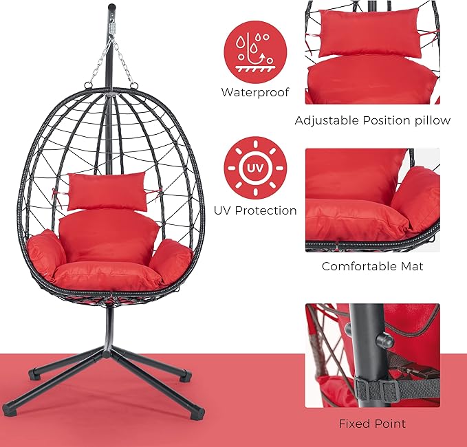 Hanging Egg Chair with Stand, Comfy Indoor/Outdoor Rattan Swing Hammock Chairs, 350lbs Capacity for Patio, Bedroom, Garden (Red)